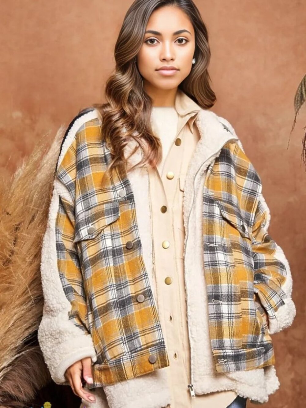 NWT Davi & Dani Oversized Plaid Sherpa Shacket Jacket Medium